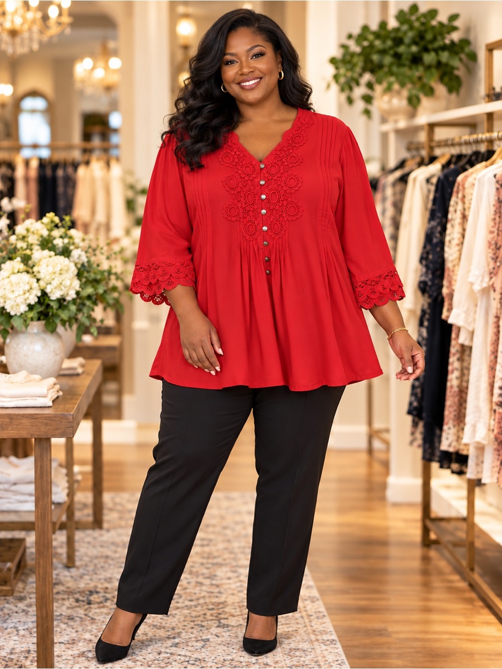 ROAMAN’S Red Floral Crochet-Trim V-Neck Tunic Top Plus Size 20W